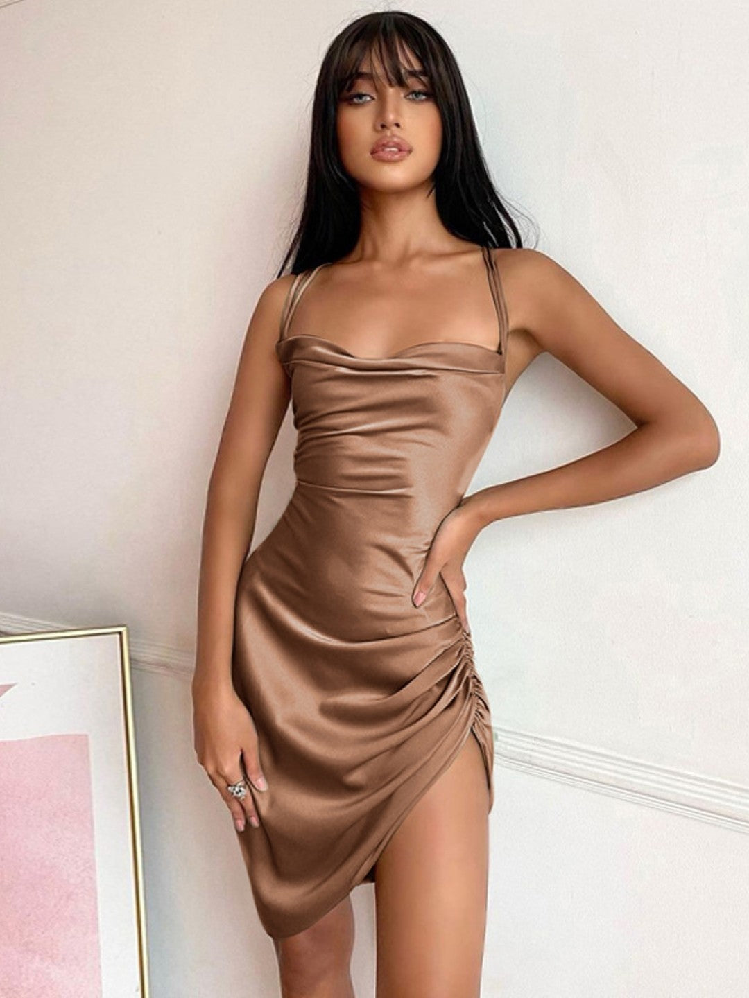 Brown Shoulder Straps Bodycon Sleeveless Solid Above Knee Polyester Dress