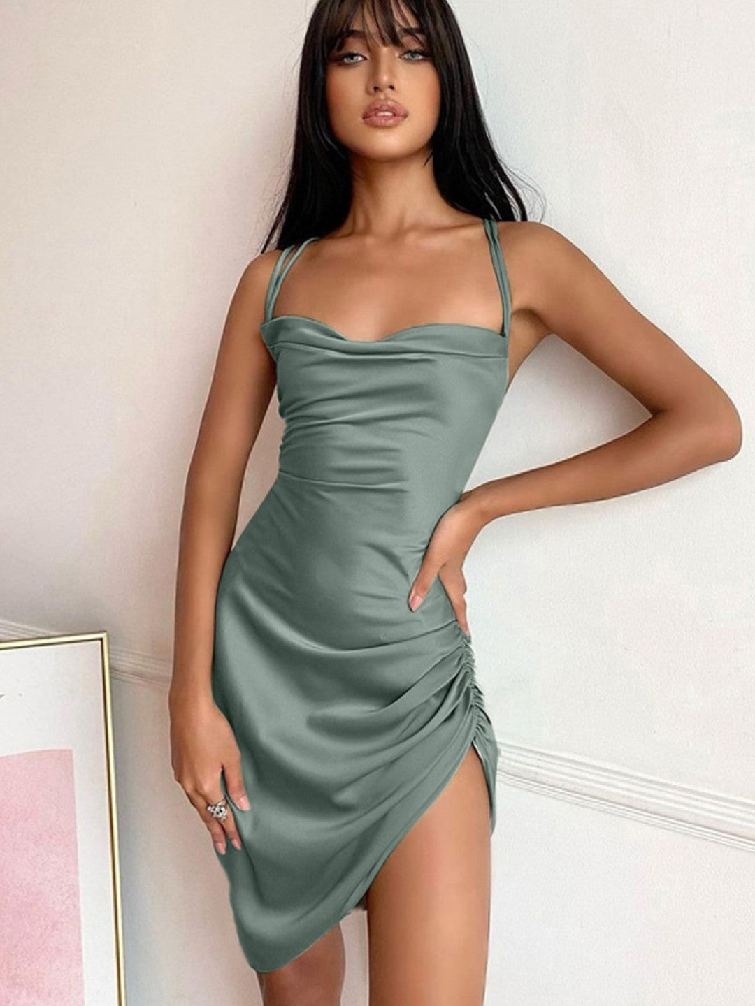 Dark Green Shoulder Straps Bodycon Sleeveless Solid Above Knee Polyester Dress