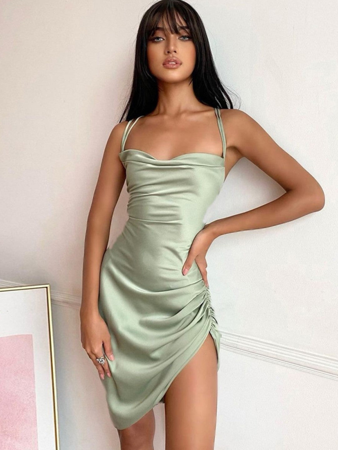 Green Shoulder Straps Bodycon Sleeveless Solid Above Knee Polyester Dress