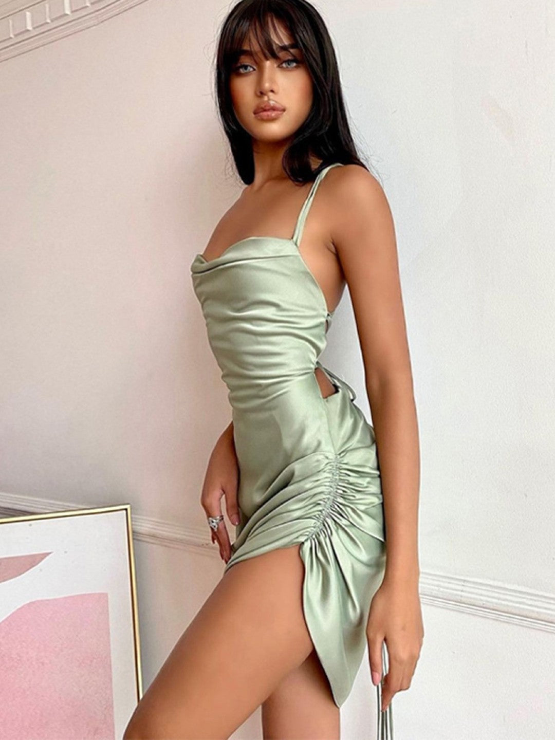 Green Shoulder Straps Bodycon Sleeveless Solid Above Knee Polyester Dress