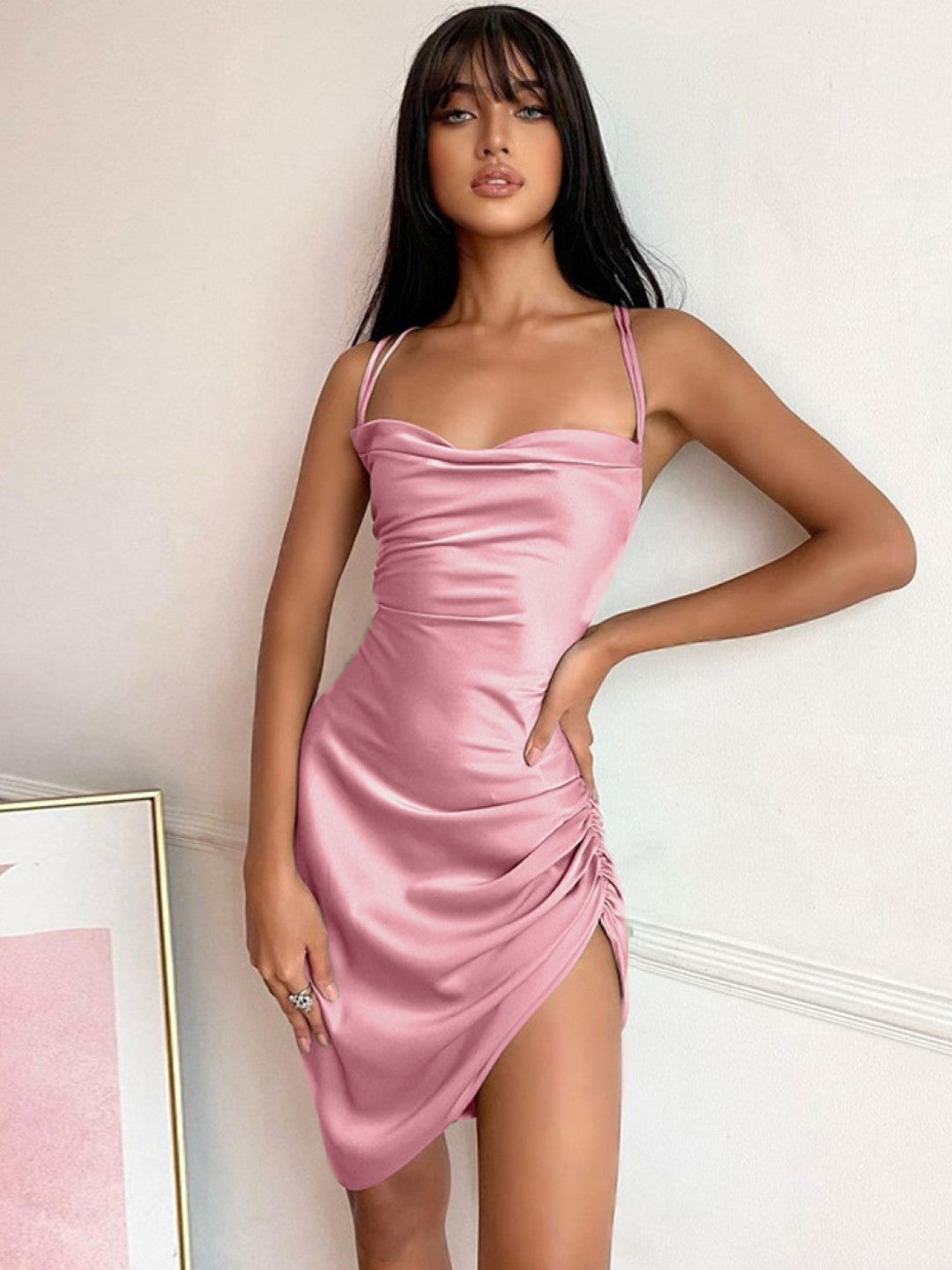 Pink Shoulder Straps Bodycon Sleeveless Solid Above Knee Polyester Dress