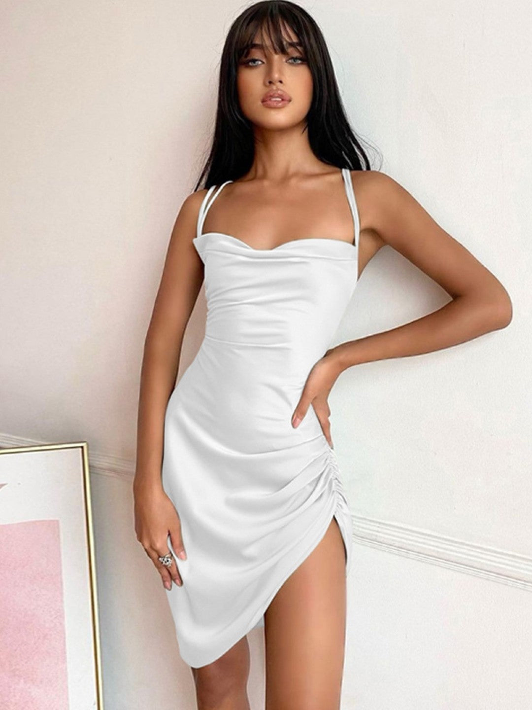 White Shoulder Straps Bodycon Sleeveless Solid Above Knee Polyester Dress