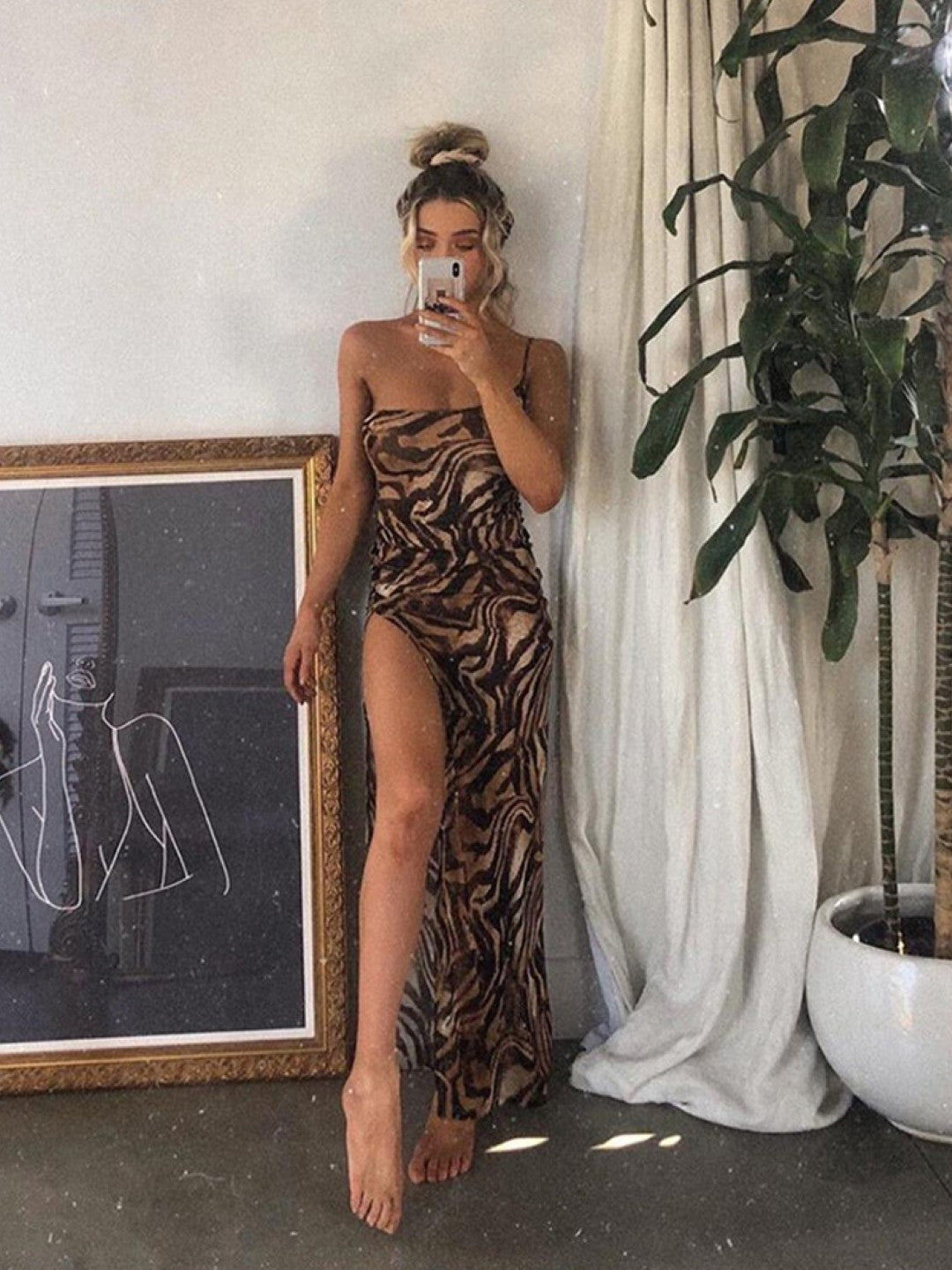 Khaki One Shoulder Bodycon Sleeveless Animal Maxi Polyester Dress