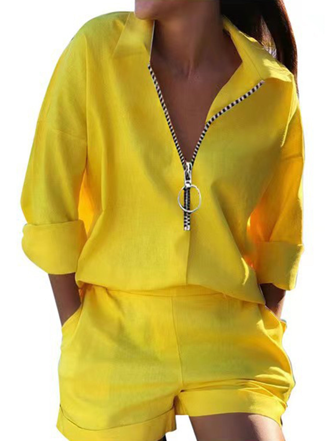 Yellow Solid Polyester Top & Trousers Clothing Set