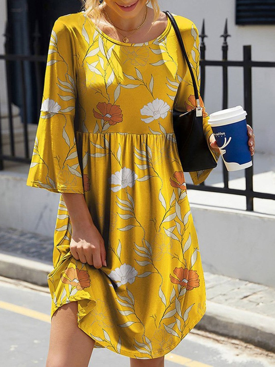 Yellow Round Neck A-Line Three-Quarter Sleeves Floral Knee Length Polyester Dress