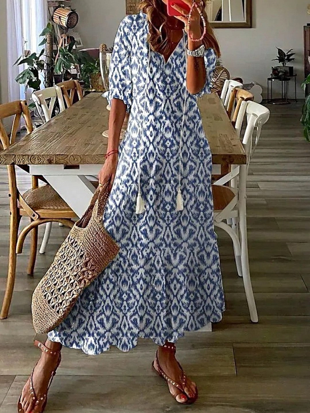 Blue V-Neck A-Line Short Sleeves Ethnic Motifs Maxi Polyester Dress