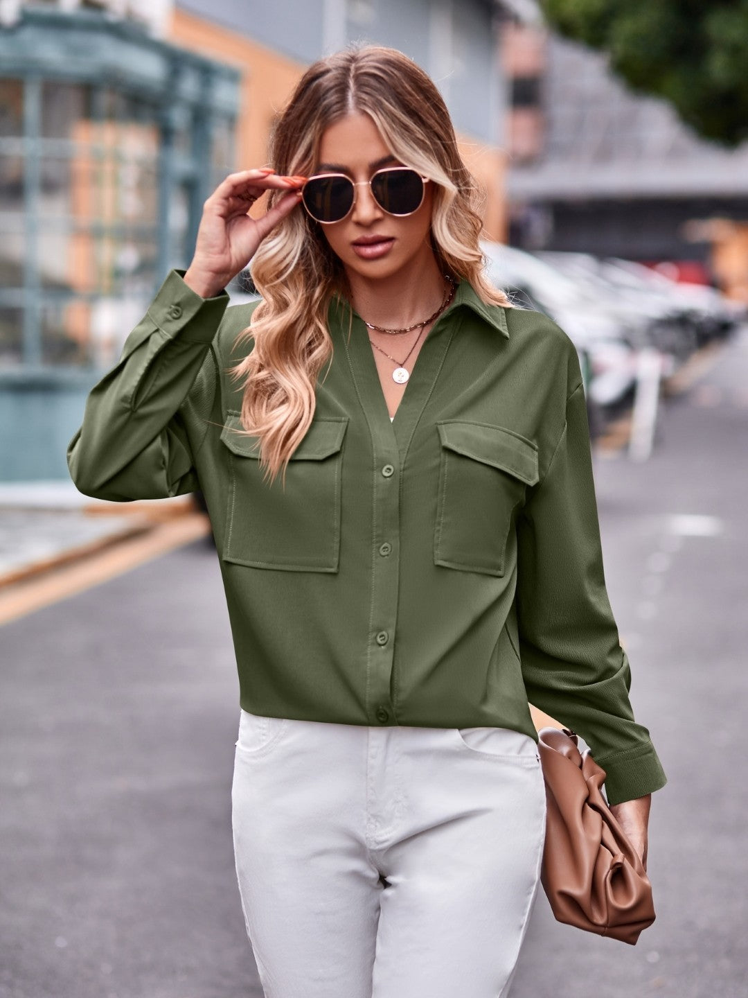 Green Shirt Collar Long Sleeves Solid Polyester Top