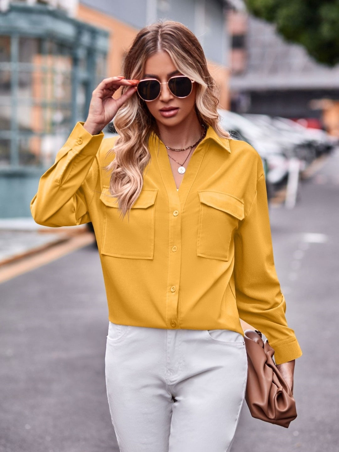 Yellow Shirt Collar Long Sleeves Solid Polyester Top