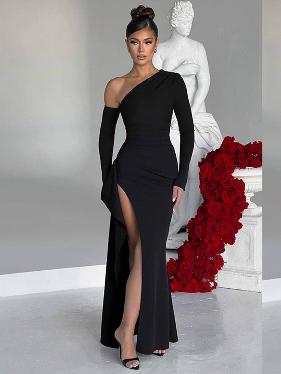 Black One Shoulder Solid Bodycon Long Sleeves Polyester Dress