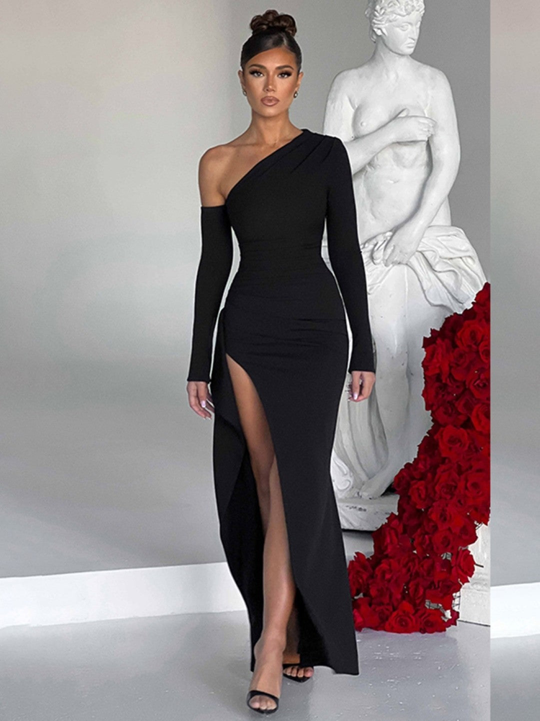 Black One Shoulder Solid Bodycon Long Sleeves Polyester Dress