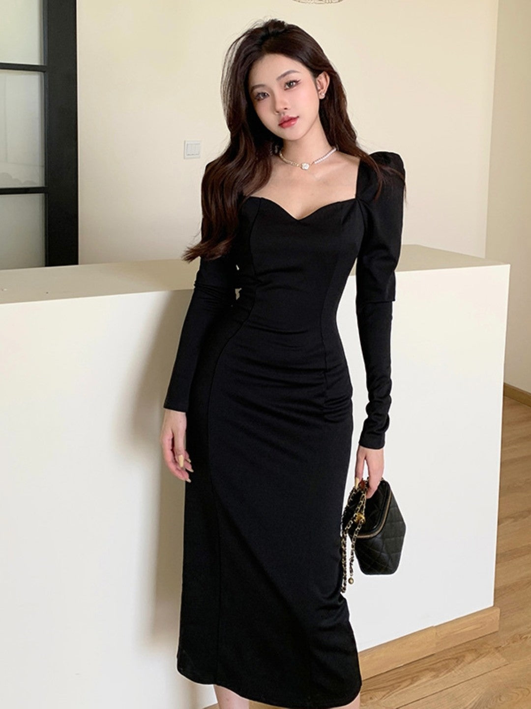 Black V-Neck Solid Bodycon Long Sleeves Polyester Dress