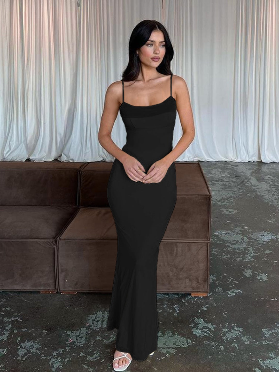 Black Spaghetti Strap Bodycon Maxi Dress