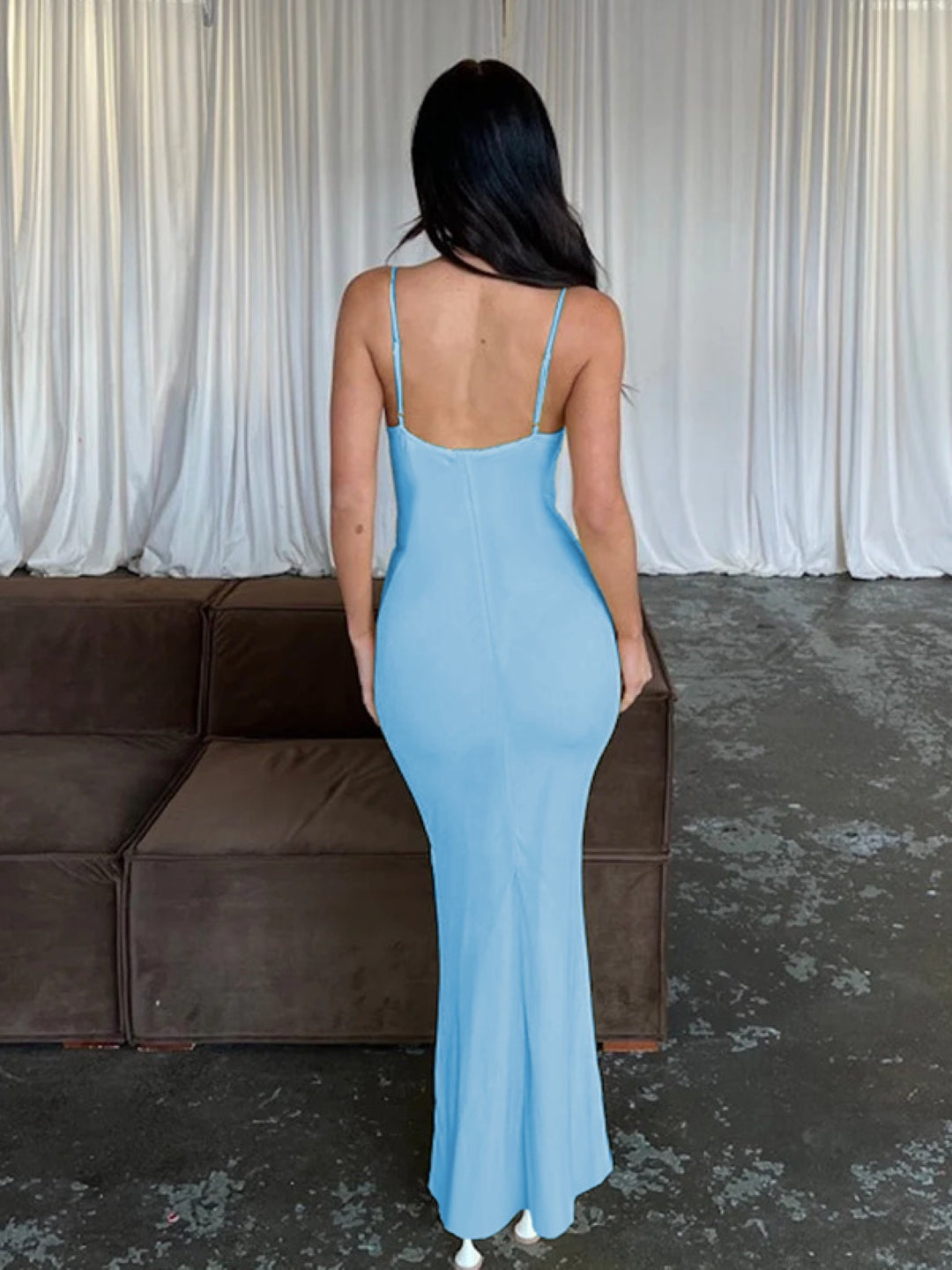 Blue Spaghetti Strap Bodycon Maxi Dress