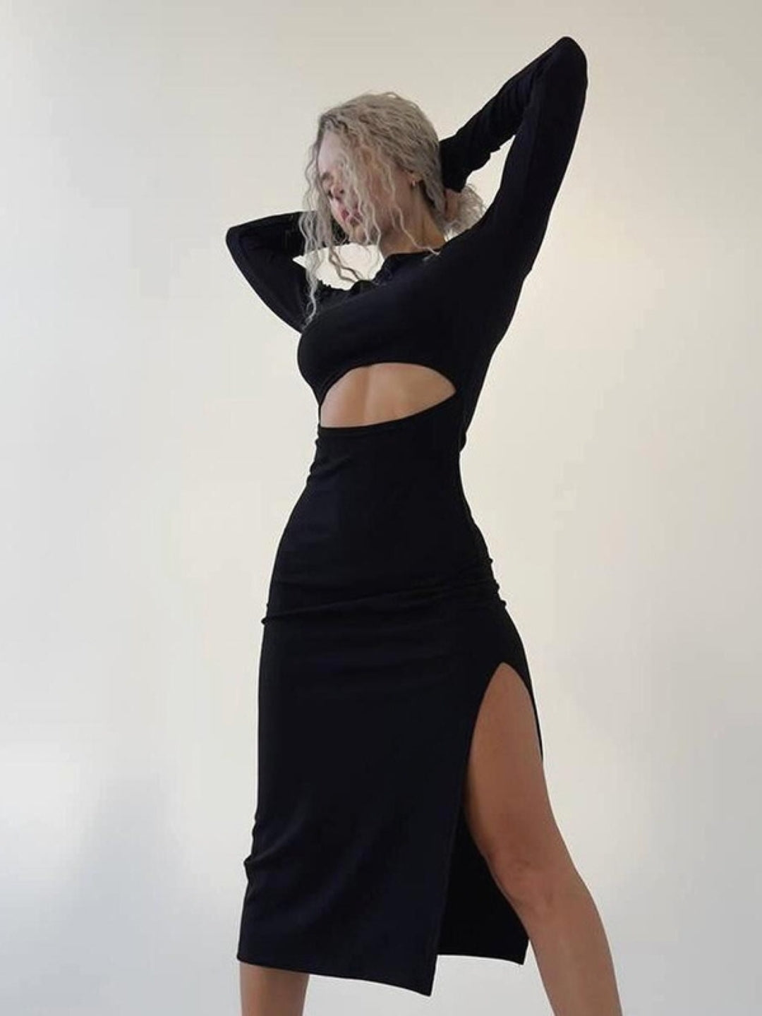 Black Long Sleeve Cut-Out Midi Dress