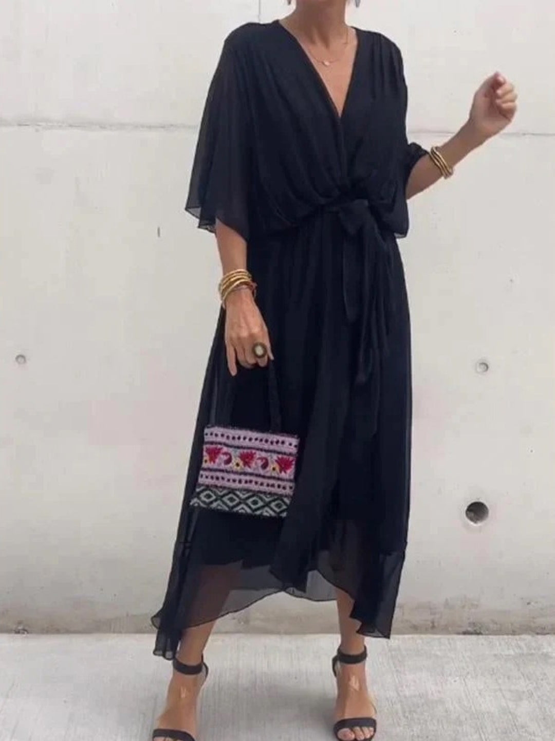Black V-Neck Belted Chiffon Midi Dress