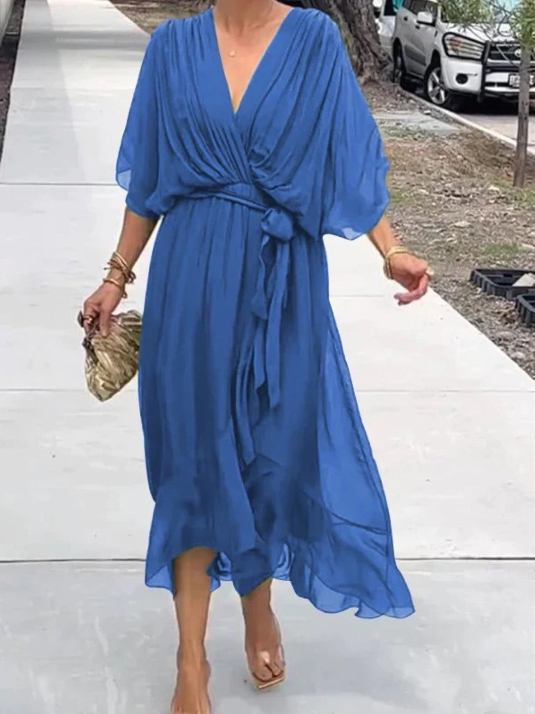 Blue V-Neck Belted Chiffon Midi Dress