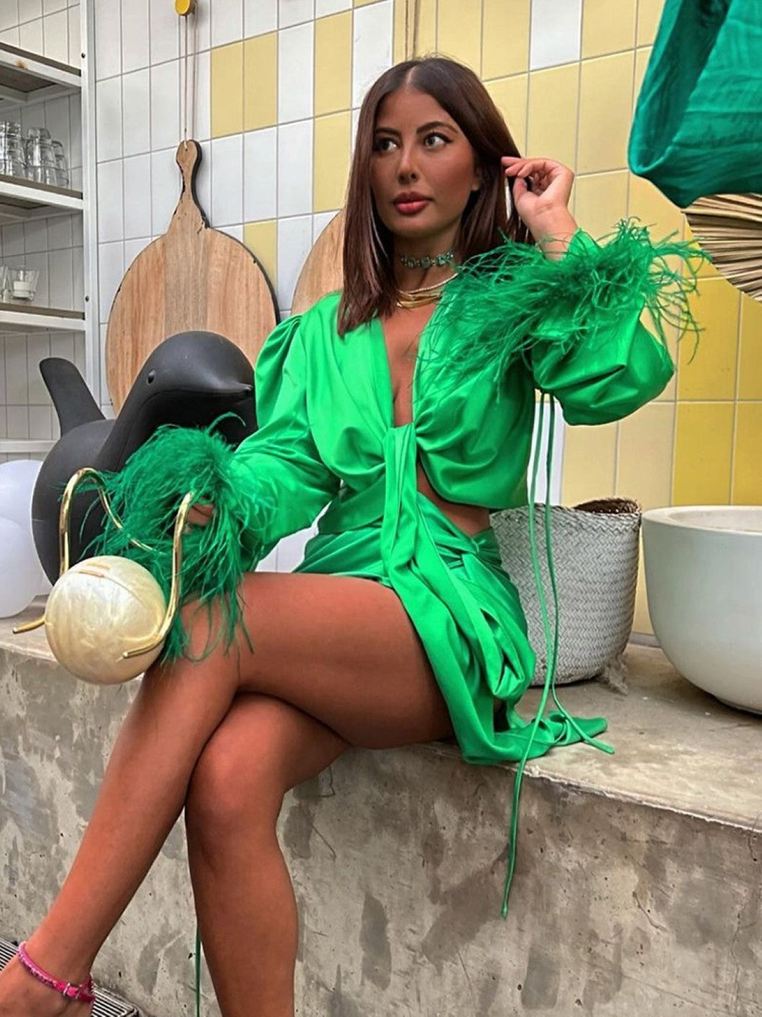 Green V-Neck Solid Long Sleeves Polyester Top