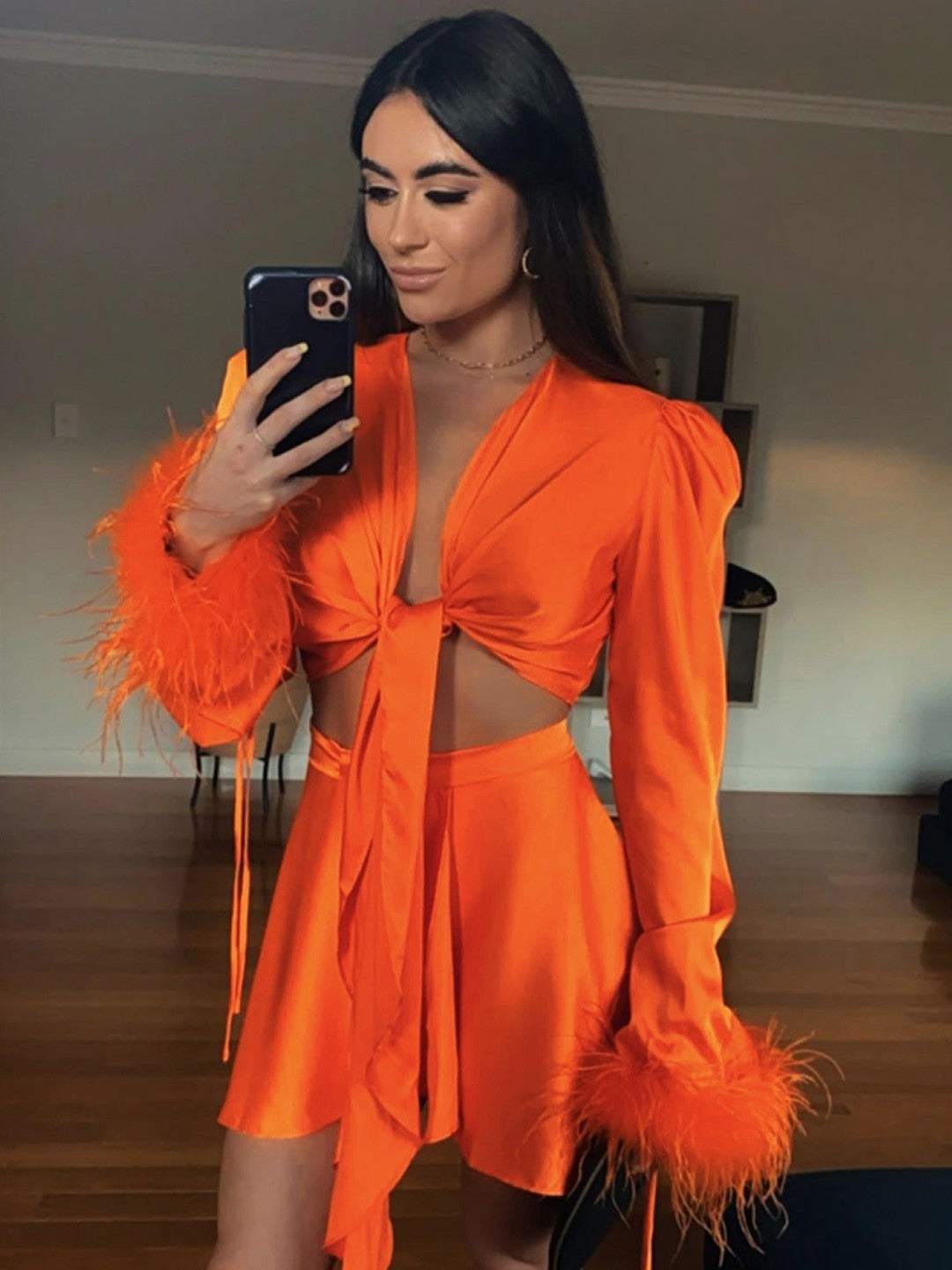 Orange V-Neck Solid Long Sleeves Polyester Top