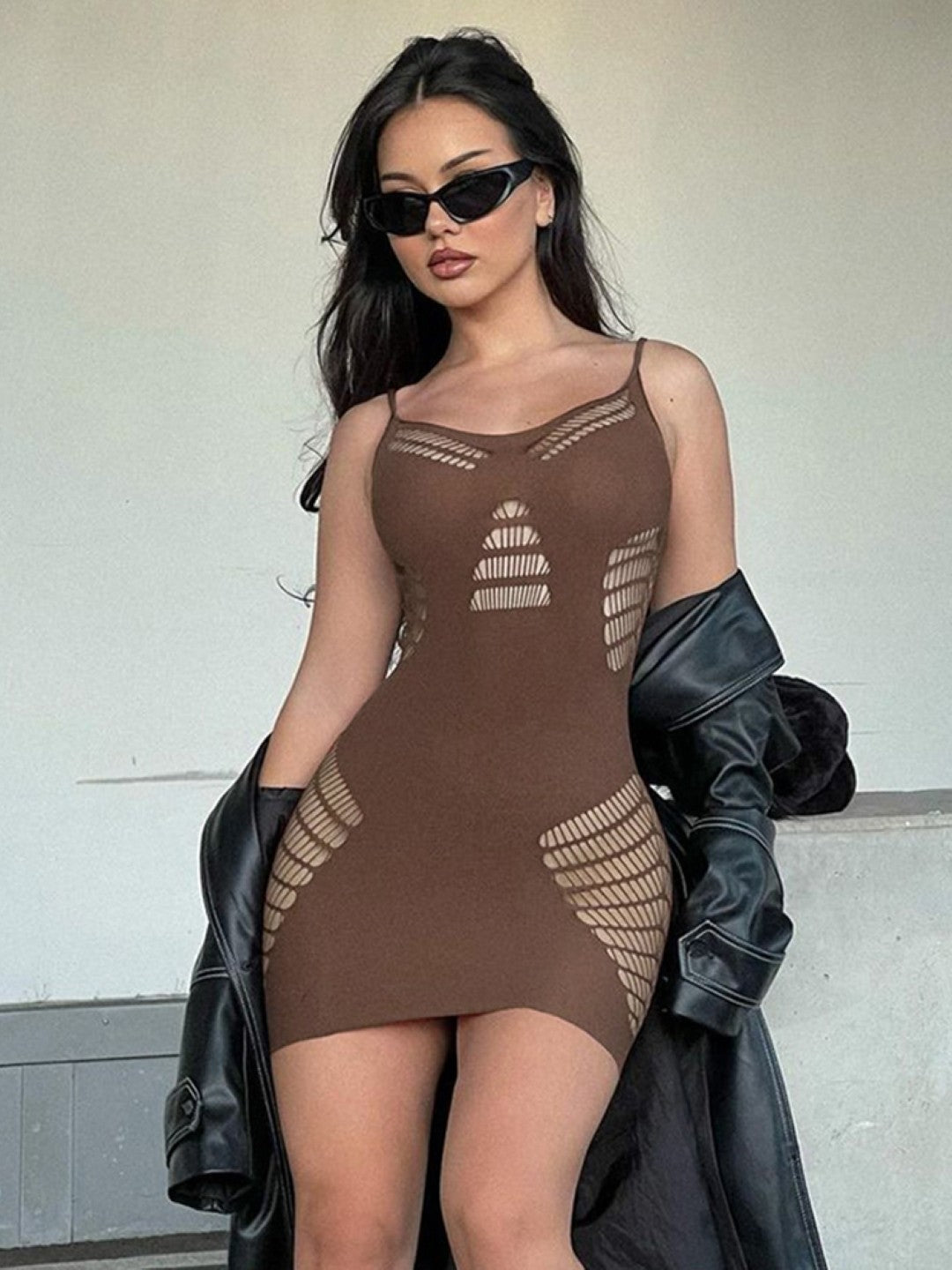 Brown Round Neck Solid Bodycon Sleeveless Polyester Dress