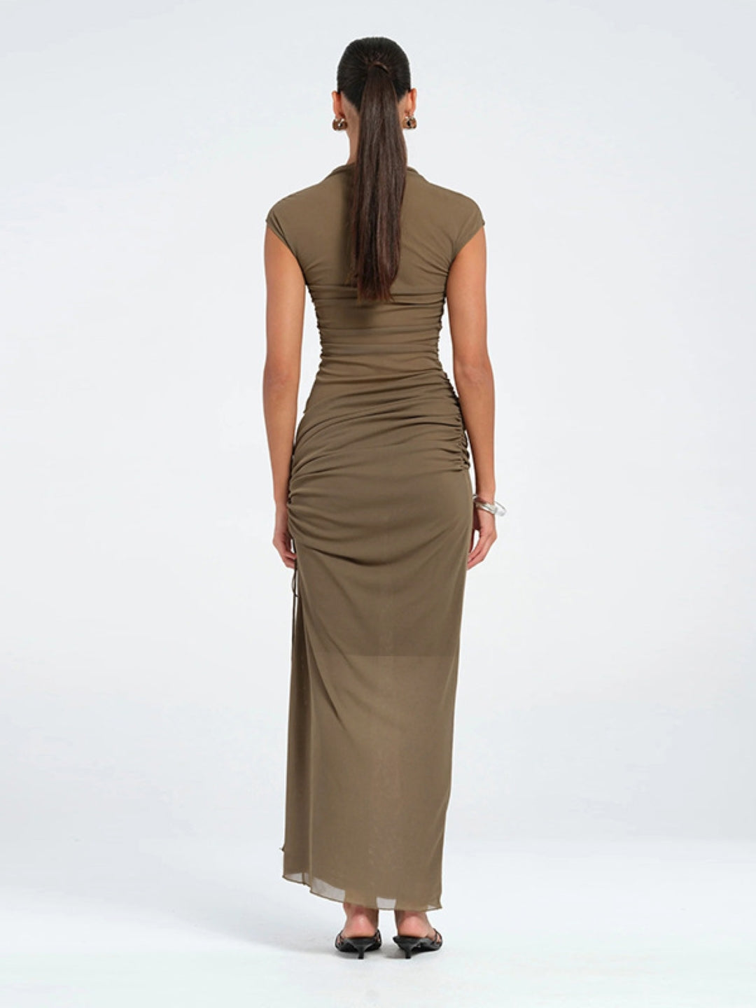 Brown Side Ruched Cutout Maxi Dress