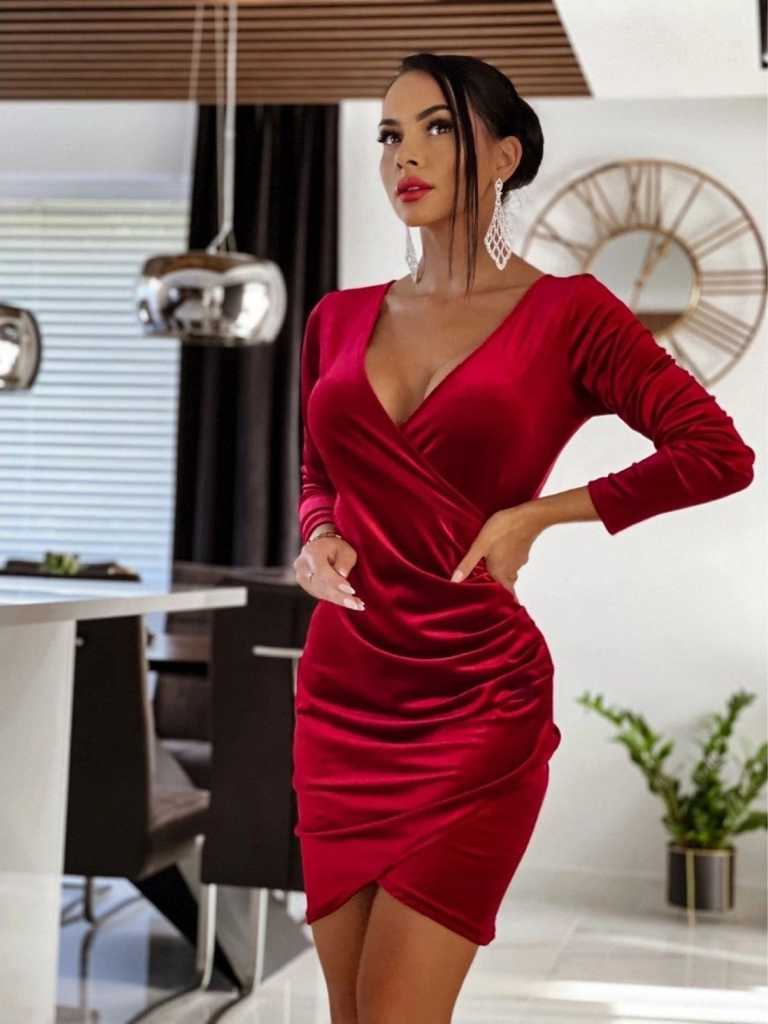 Red V-Neck Bodycon Long Sleeves Solid Above Knee Polyester Dress