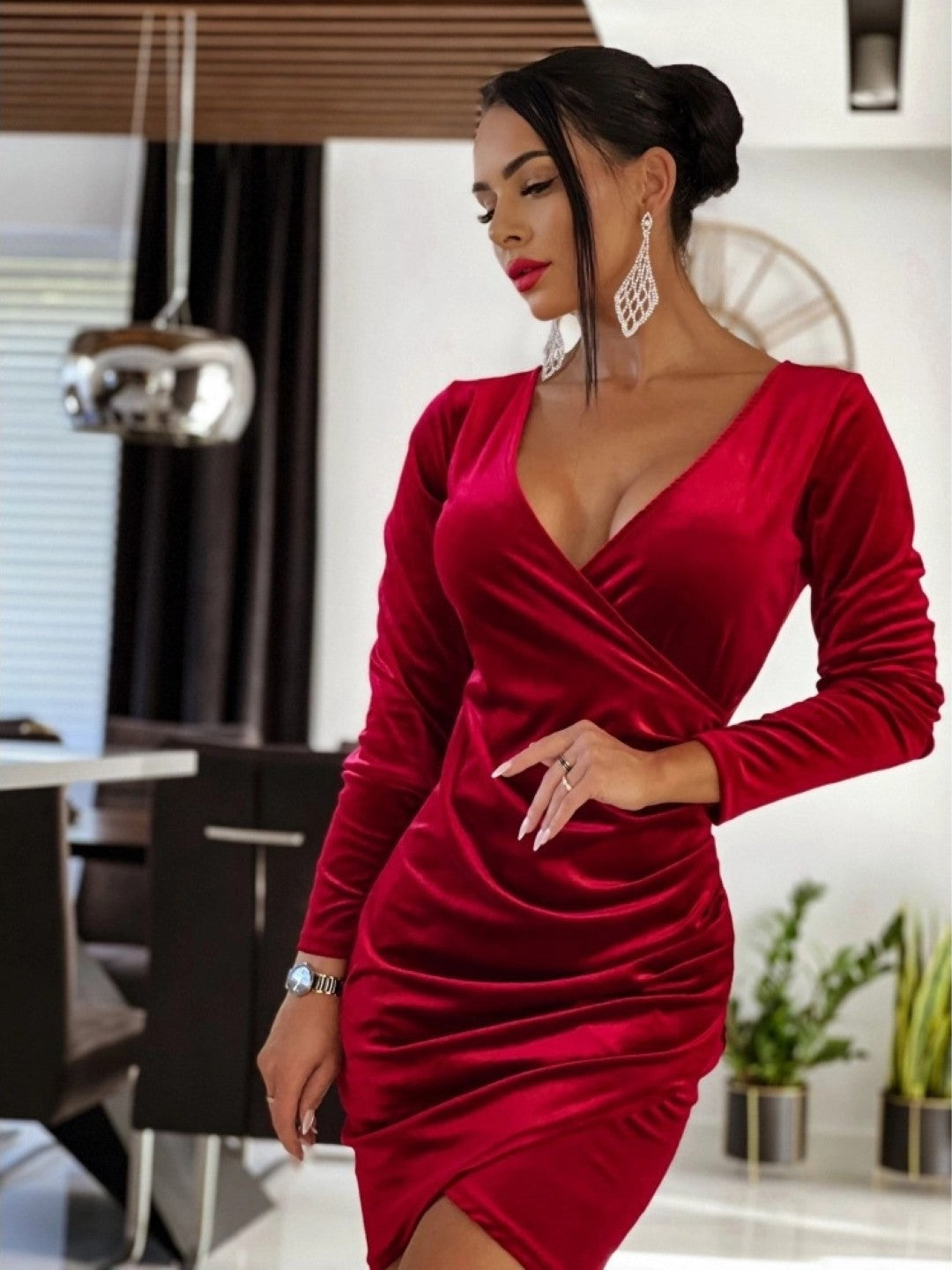 Red V-Neck Bodycon Long Sleeves Solid Above Knee Polyester Dress