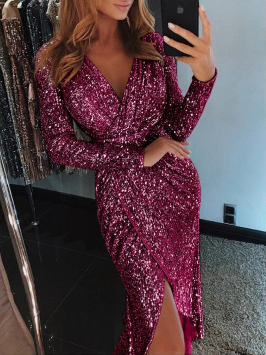 Burgundy V-Neck Bodycon Long Sleeves Solid Maxi Polyester Dress