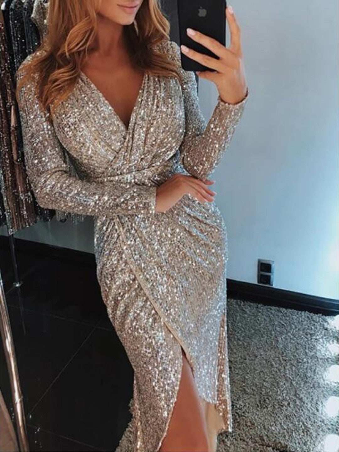 Silver V-Neck Bodycon Long Sleeves Solid Maxi Polyester Dress