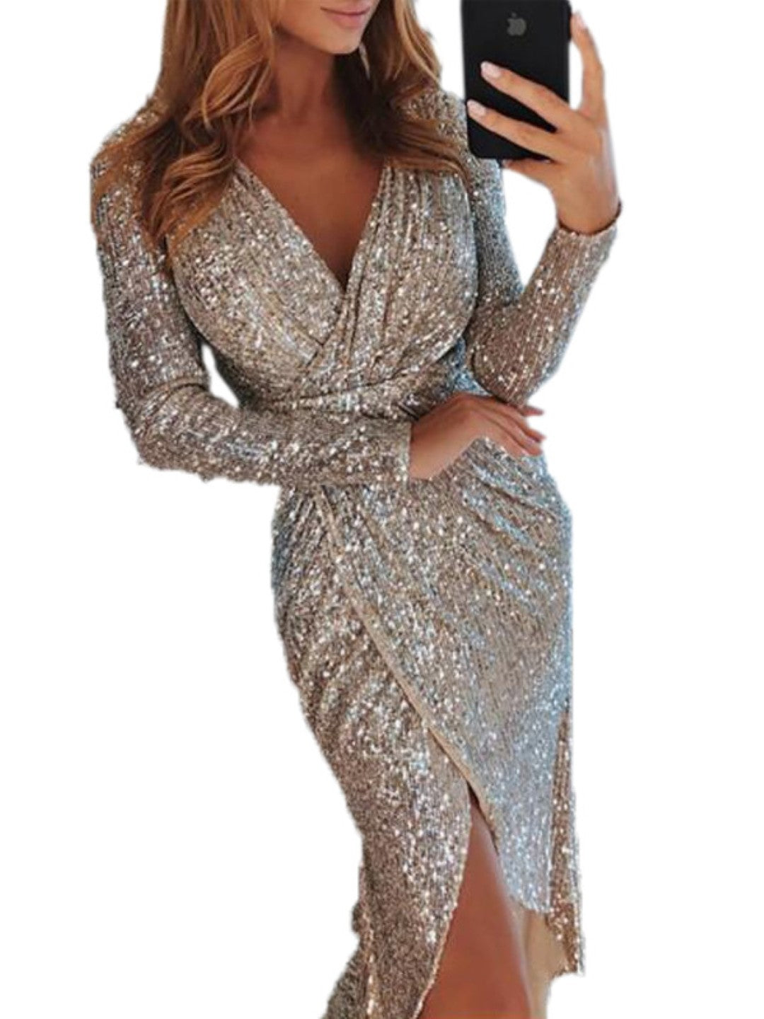 Silver V-Neck Bodycon Long Sleeves Solid Maxi Polyester Dress