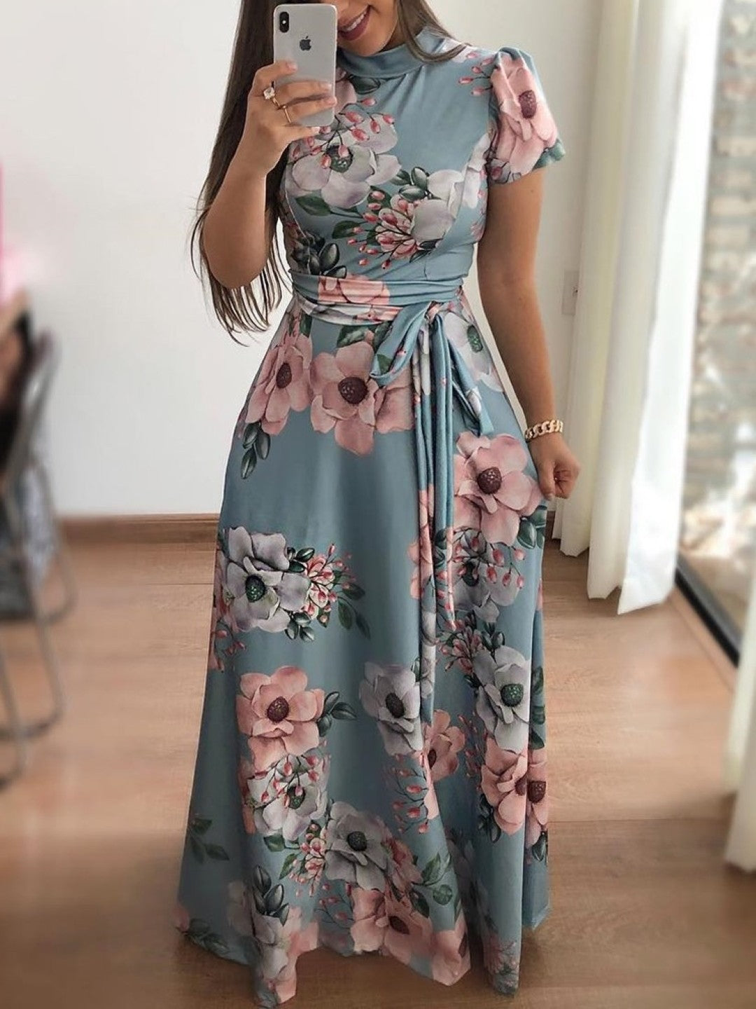 Blue High Neck A-Line Short Sleeves Floral Maxi Polyester Dress