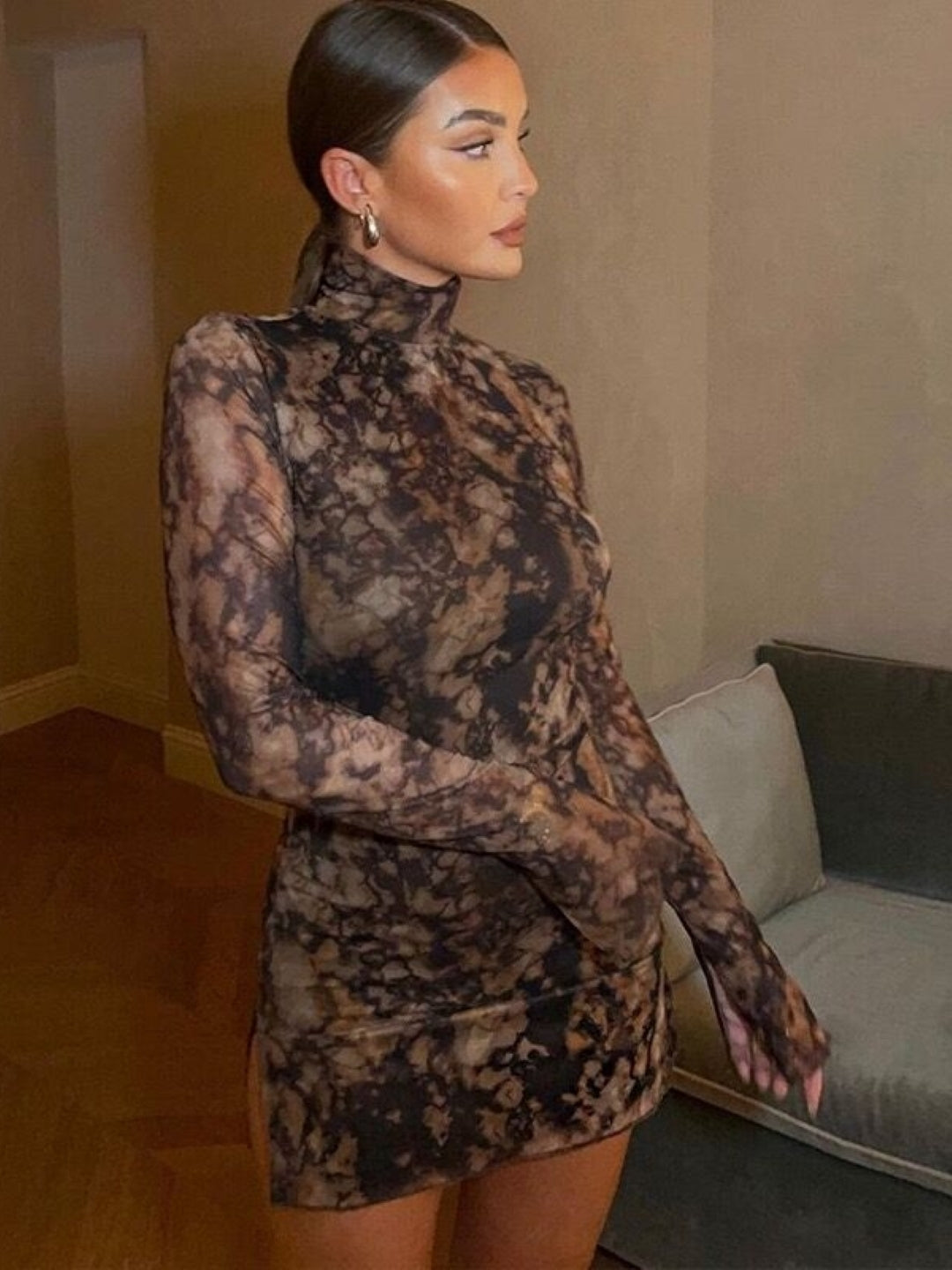 Brown Mesh Tie-Dye Bodycon Dress