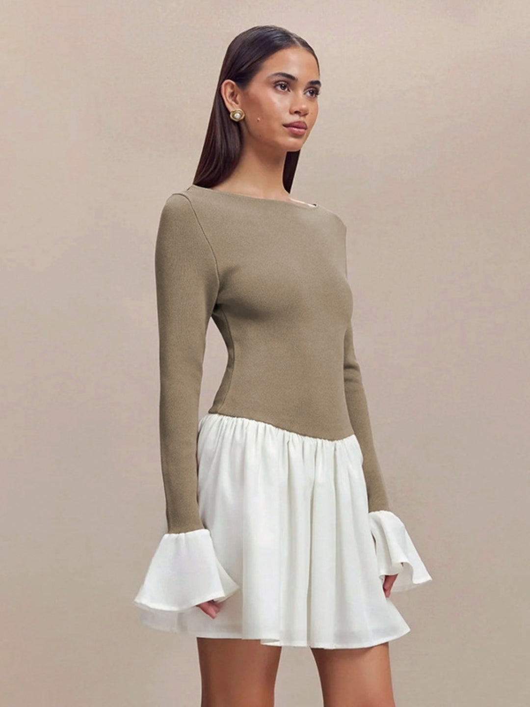 Brown & White Flare Sleeve Mini Dress
