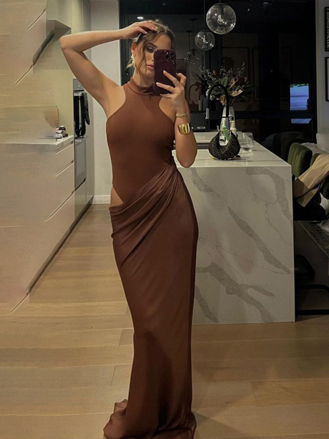 Coffee Brown Cutout Evening Gown