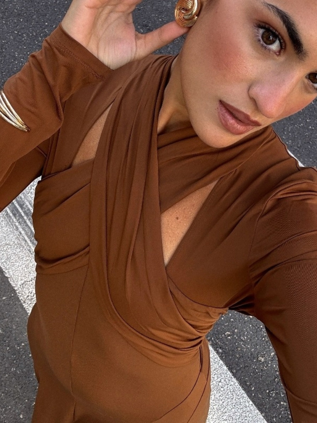 Brown Cutout Long Sleeve Midi Dress