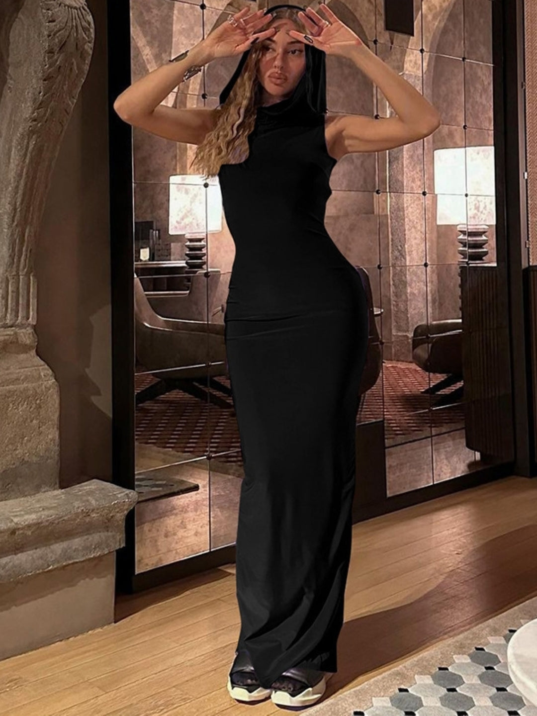 Black Hooded Sleeveless Bodycon Maxi Dress ? Elegant Street Style