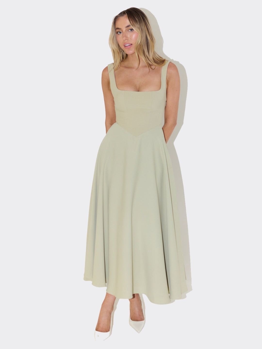 Classic Green Square-Neck Midi Dress