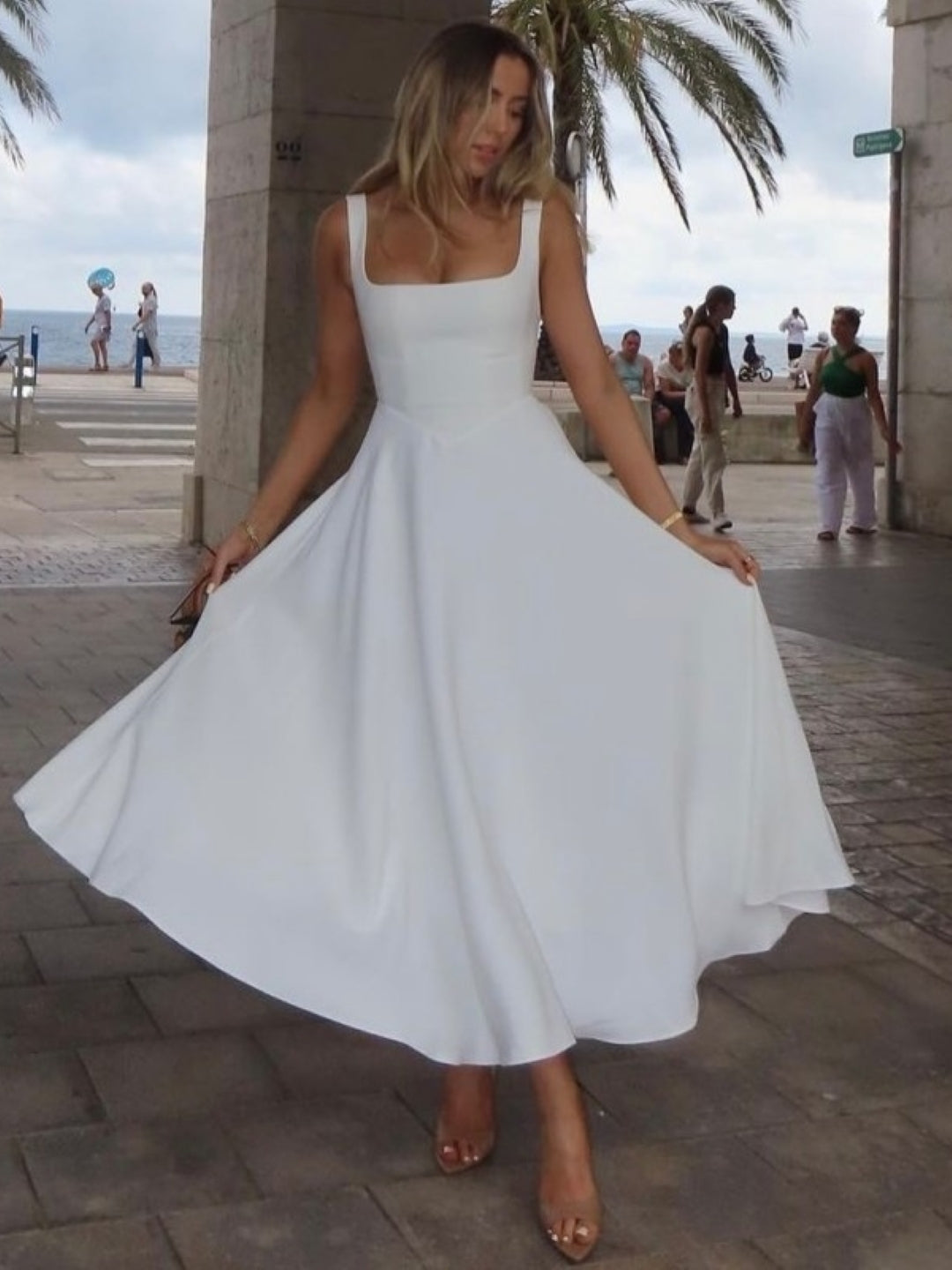 Classic White Square-Neck Midi Dress