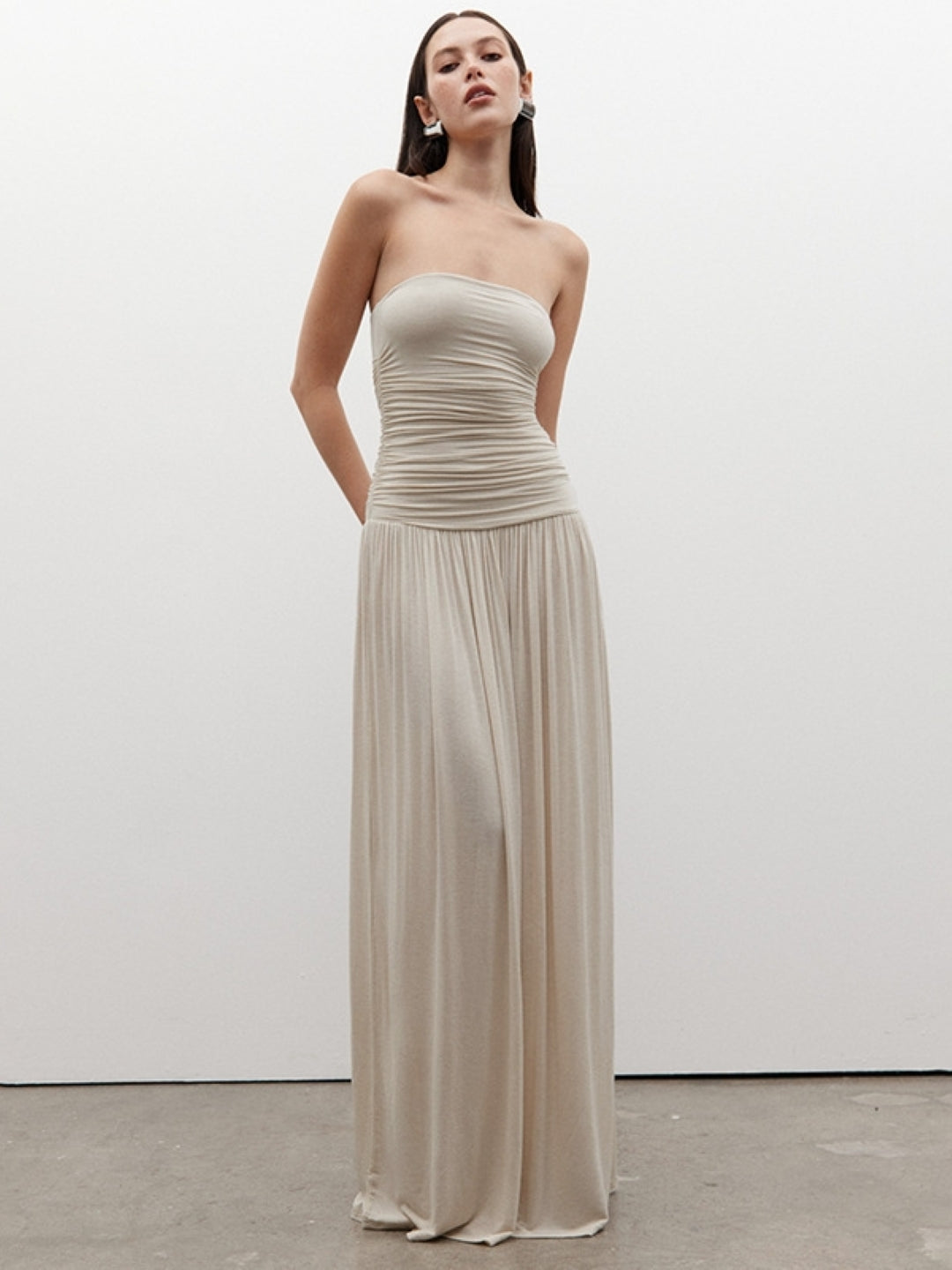 Cream Strapless Ruched Maxi Dress | Soft Jersey