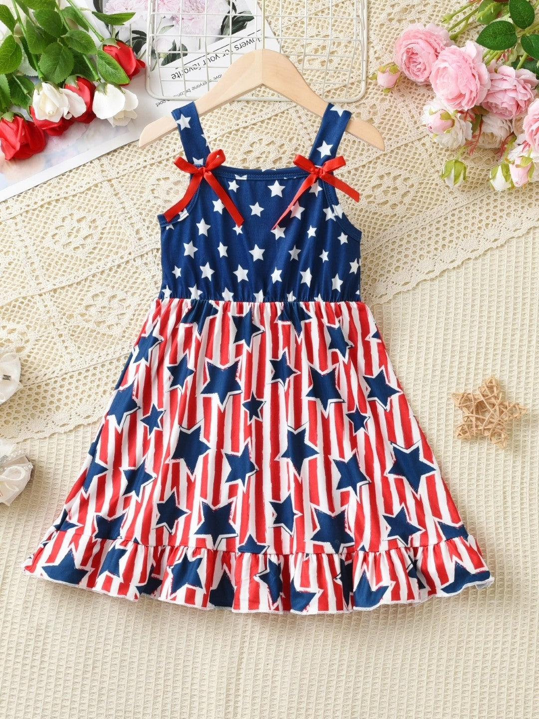 Blue Round Neck Stars Printed Sleeveless A-Line Flared Cotton Dress