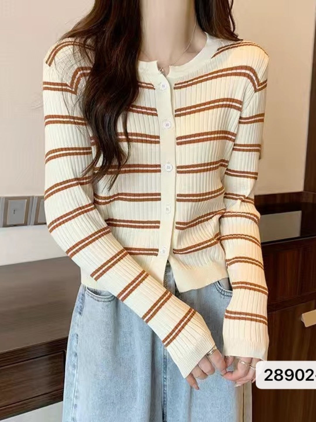 Brown Shirt Collar Long Sleeves Horizontal Stripes Regular Sleeves Viscose Rayon Top