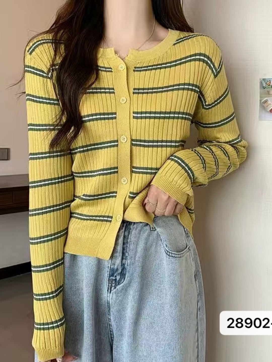 Yellow Shirt Collar Long Sleeves Horizontal Stripes Regular Sleeves Viscose Rayon Top