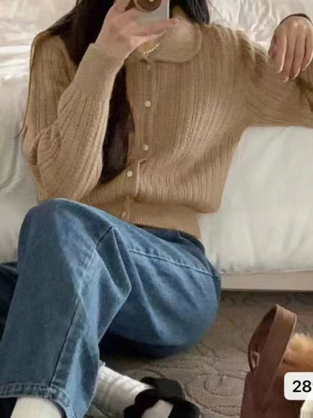 Brown Shirt Collar Long Sleeves Solid Regular Sleeves Acrylic Top