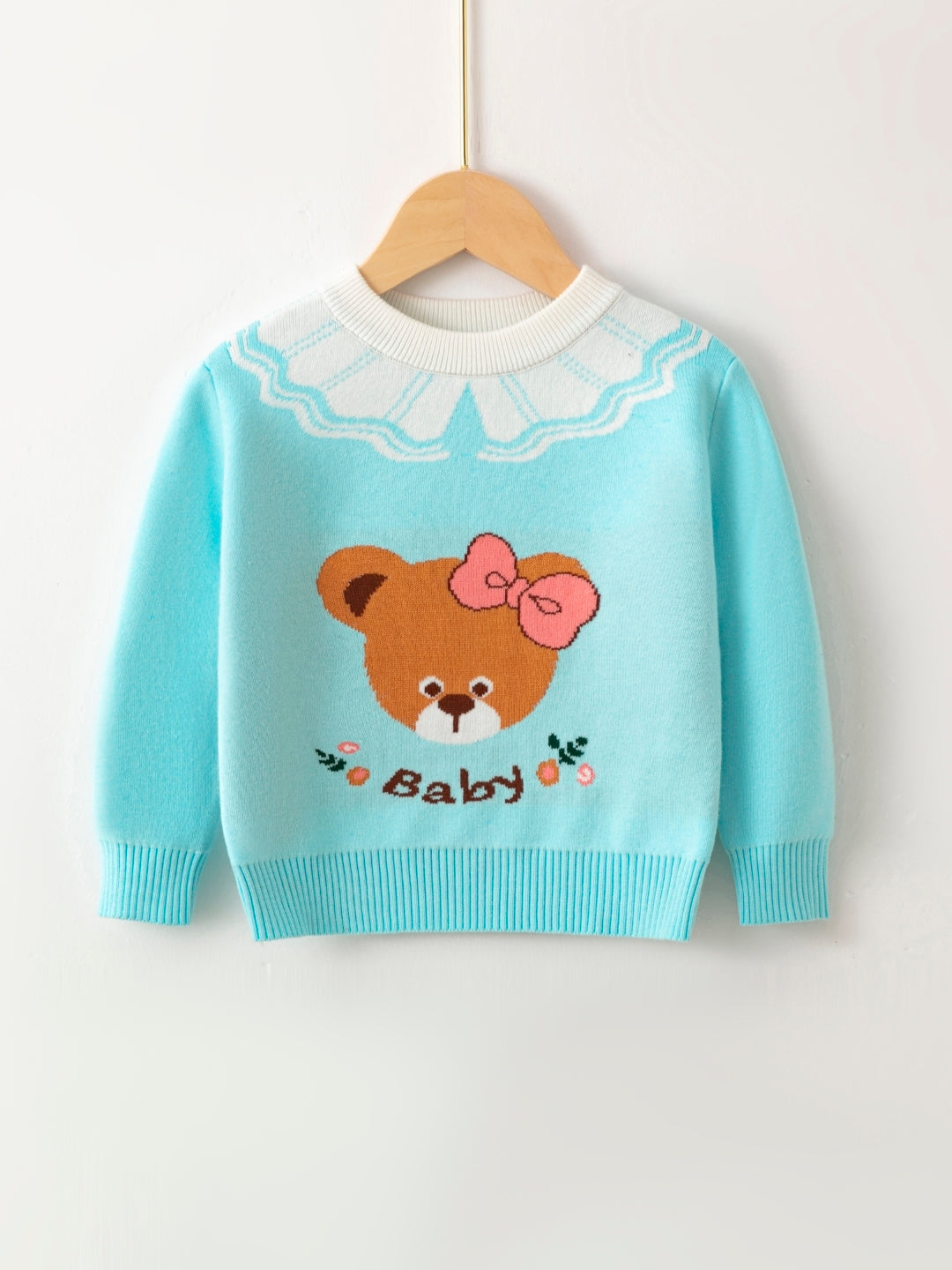 Blue Round Neck Printed Long Sleeves Casual Pullover Cotton Sweater