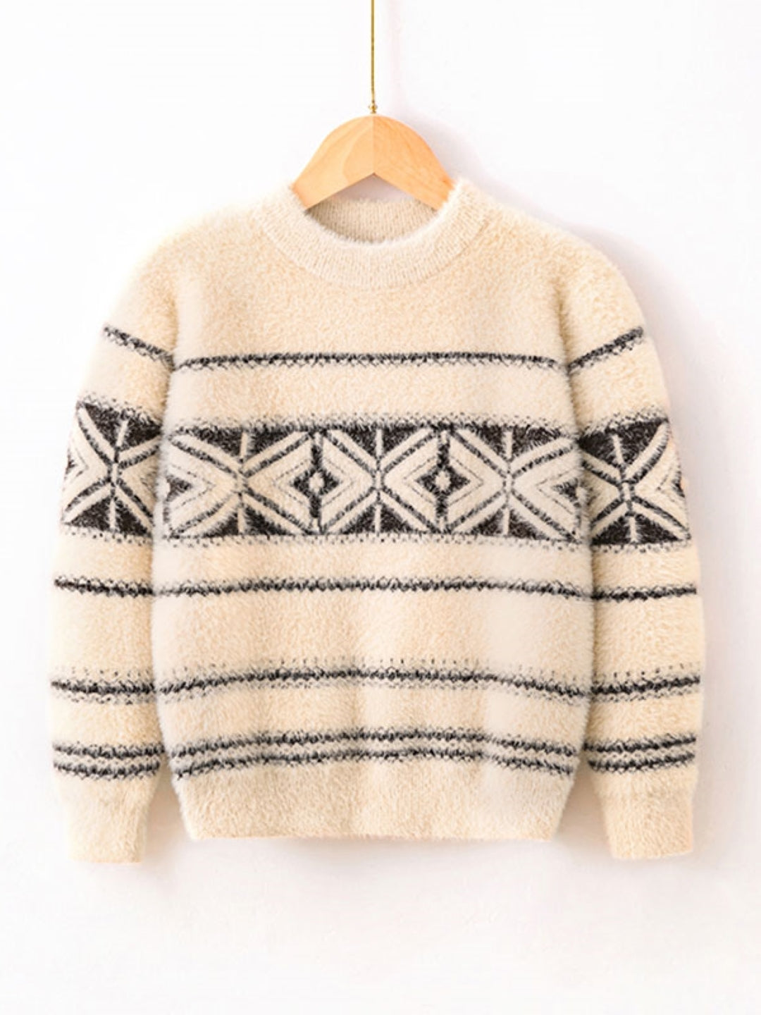Cream Round Neck Printed Long Sleeves Casual Pullover Nylon Sweater