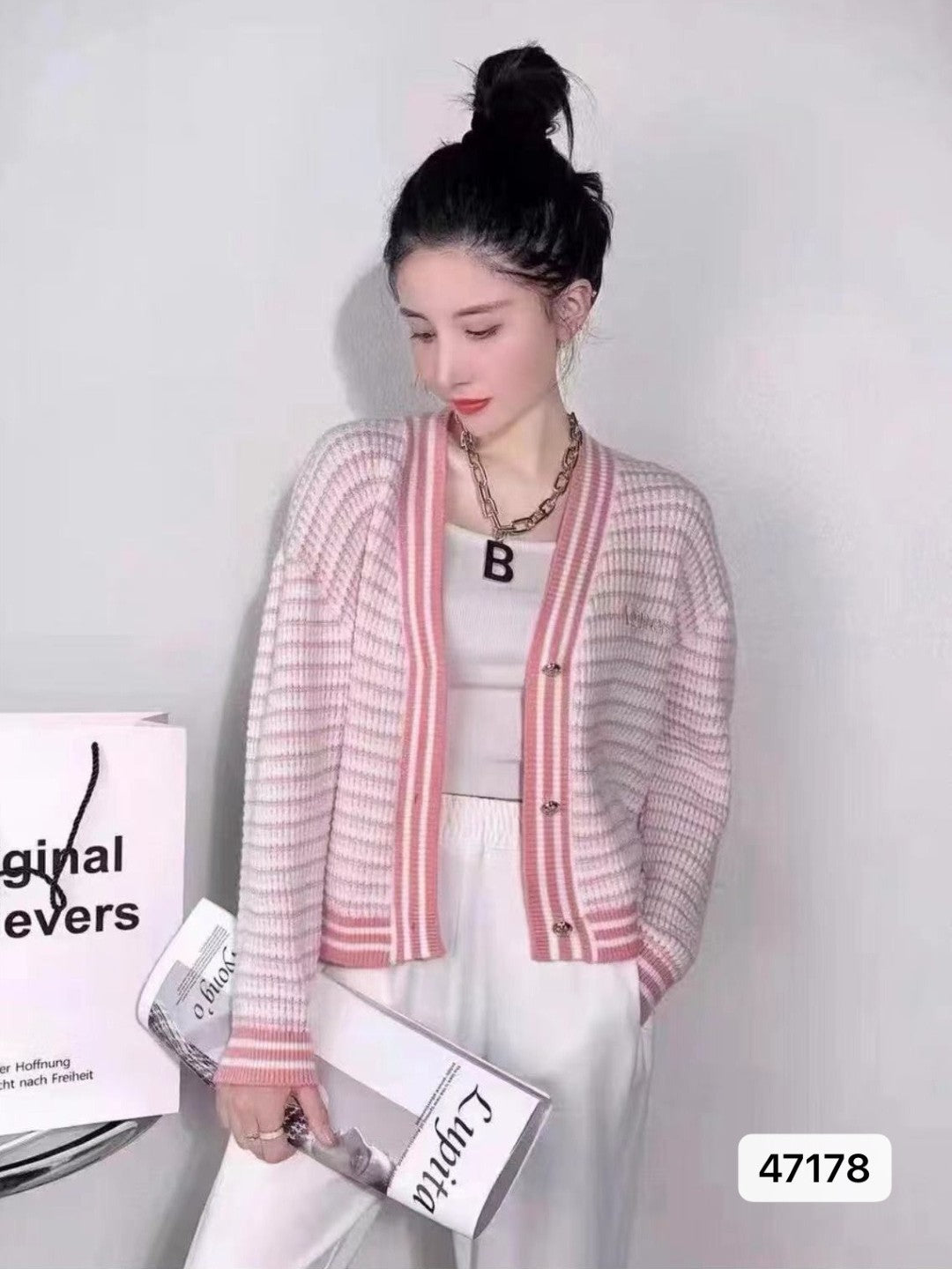 Pink V-Neck Long Sleeves Horizontal Stripes Regular Sleeves Acrylic Top