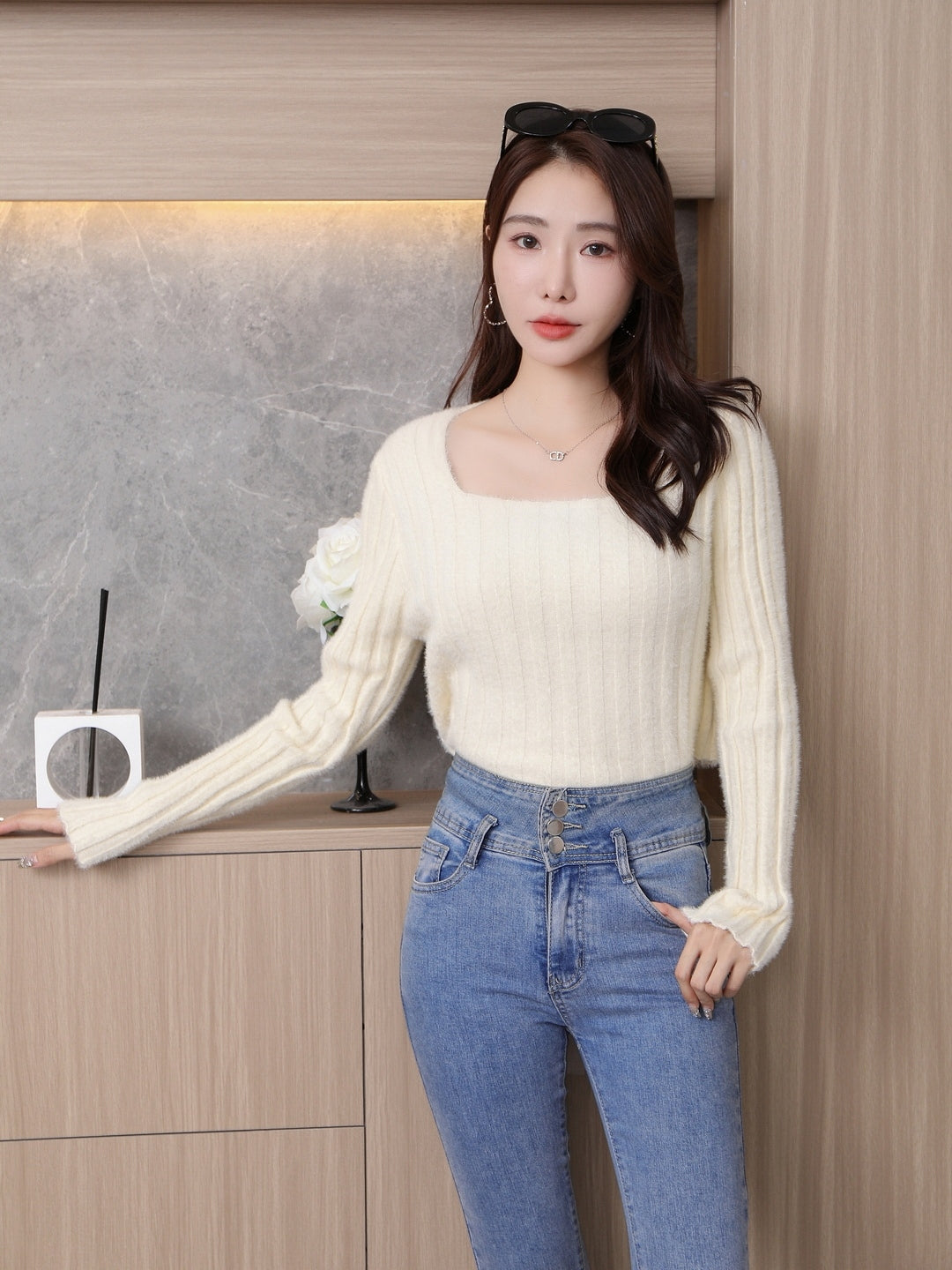 Cream Round Neck Long Sleeves Solid Regular Sleeves Nylon Top