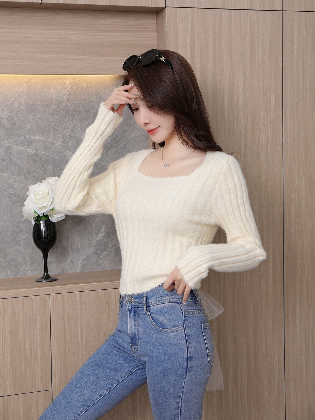 Cream Round Neck Long Sleeves Solid Regular Sleeves Nylon Top