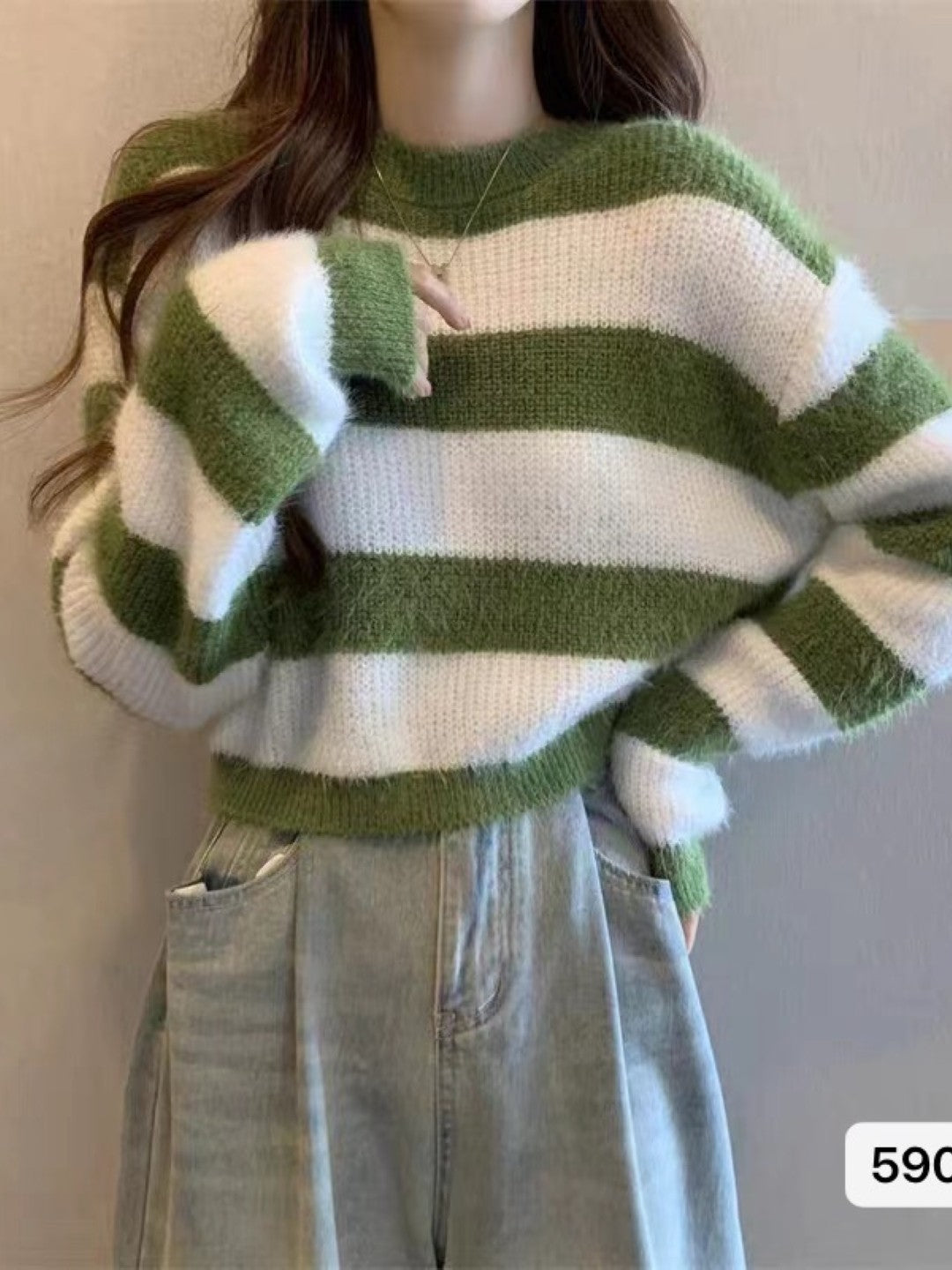 Green Round Neck Long Sleeves Horizontal Stripes Regular Sleeves Acrylic Top