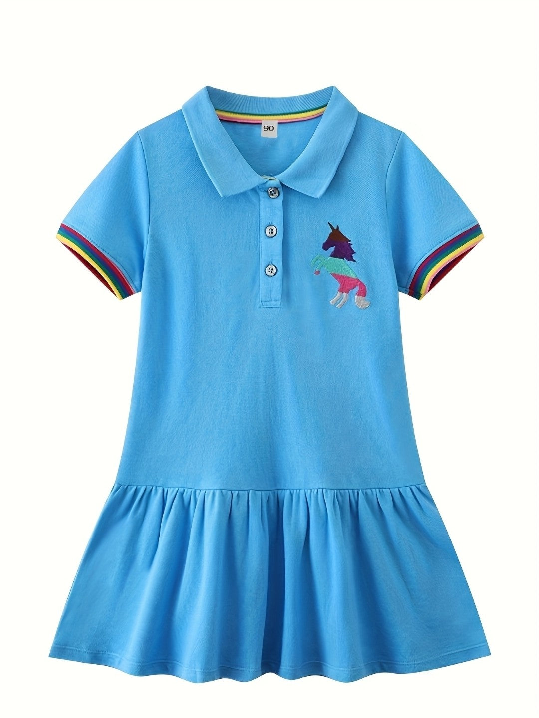 Blue Shirt Collar Solid Short Sleeves A-Line Flared Cotton Dress