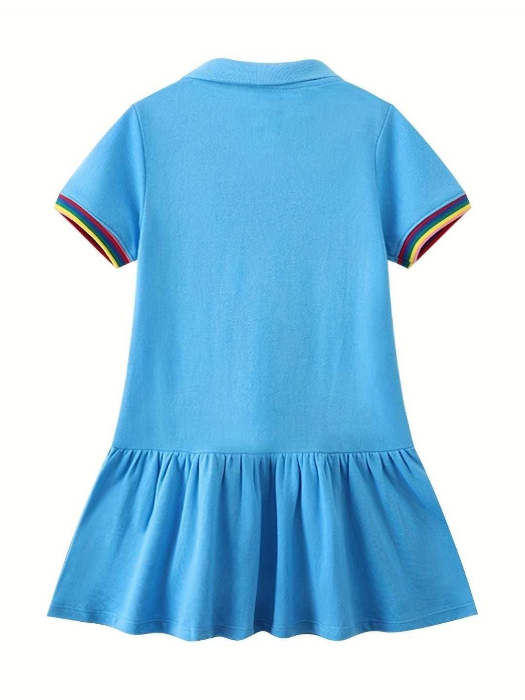 Blue Shirt Collar Solid Short Sleeves A-Line Flared Cotton Dress